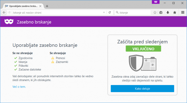 Zasebno brskanje v Firefoxu 42